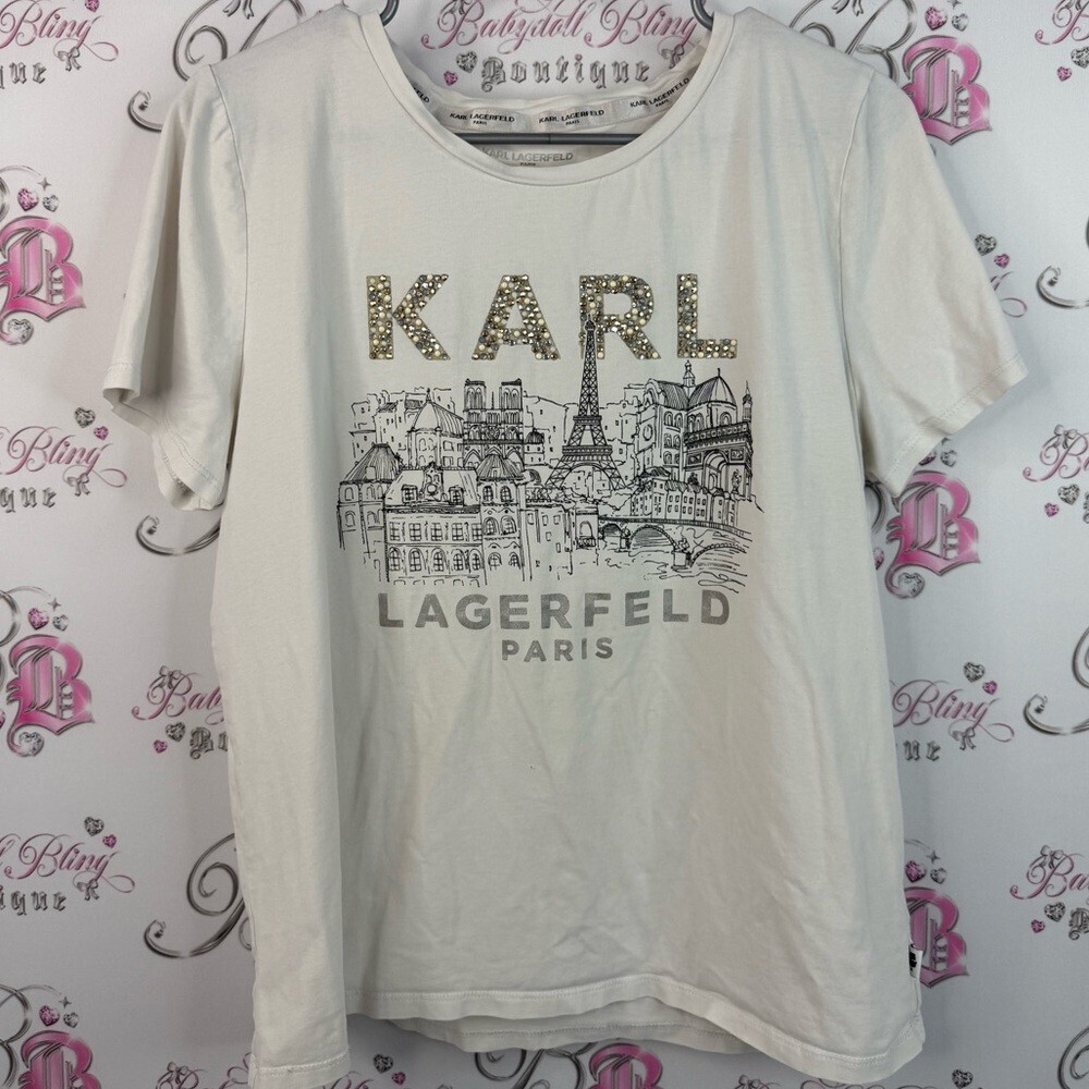 Karl Lagerfeld T-shirt sparkly Paris print travel Signature Tee in Cream